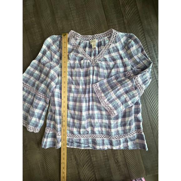 Chico’s 100% Linen Gingham Peasant Top Size 1 (M/L) - Picture 5 of 7